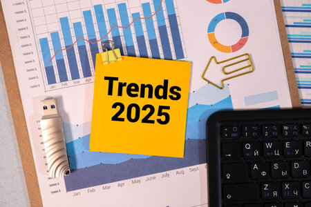 Notepad trends 2025. The concept of searching for new ideological trends and tendencies. Exclusive trend. Popular and relevant topics.の写真素材