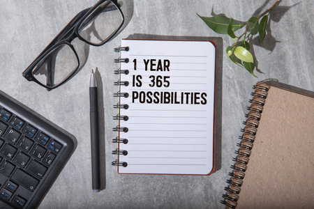 One Year 365 Possibilities text written on paper flat lay on green background