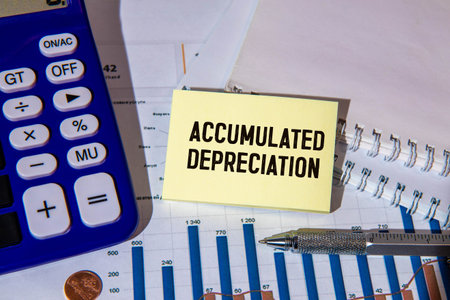 Business Term Phrase on Tablet PC with a cup of coffee and pens on a White Background - Black Word on a white background - Accumulated Depreciationの写真素材