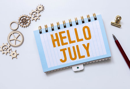 Hello July text message on paper card with beautiful flowers decoration