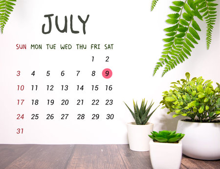 Cube shape calendar for July 09 on wooden surface with empty space for text