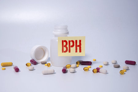 BENIGN PROSTATIC HYPERPLASIA (BPH) or prostate enlargement. Stethoscope and medication on wooden table.の写真素材