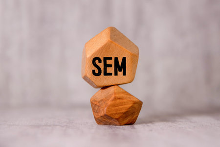 SEM - Search Engine Marketing symbol. Wooden cubes with words SEM. Beautiful gray background with succulent plant. Business and SEM concept. Copy space.の写真素材