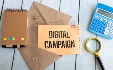 Notebook with Tools and Notes about Marketing. DIGITAL CAMPAIGN textの写真素材