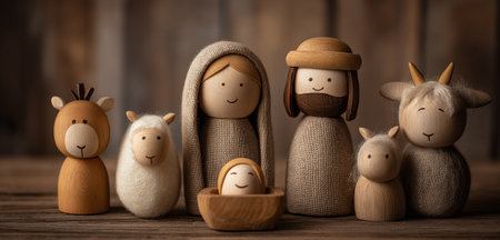 Christmas Manger scene with figurines including Jesus, Mary, Joseph, sheep and magi.の素材