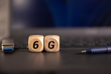 Displaying transparent Earth globe overlay and 6G text occupying center at lakeside, with red canoe. Nature, landscape, technology, connectivity, innovation, tranquility, environmentalの写真素材