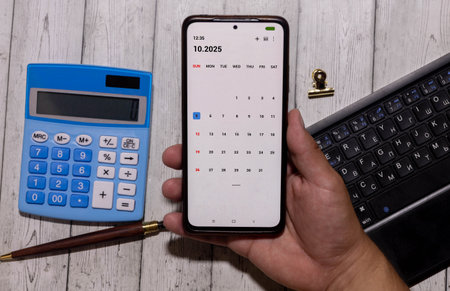 October 5th. Image of October 5 wooden color calendar on white background. Autumn day. Empty space for textの写真素材