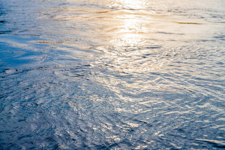 Water surface reflects sunlight creating shimmering golden and blue hues abstractly, with rippling...