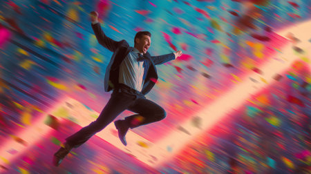 Young successful businessman in suit rejoicing, jumping over white background.の素材