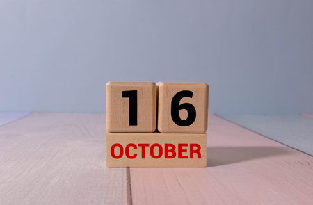 October 16th. October 16 white wooden calendar on white background. Autumn day. Copy space for your text.の写真素材