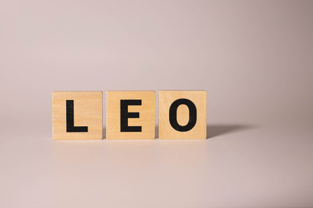 Popular and modern baby boy fashion name LEO in wooden English language capital letters spilling from a pile of letters on a green background in sepiaの写真素材