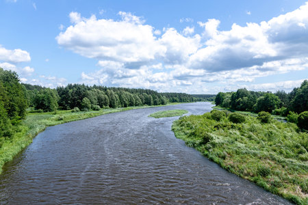 A picturesque river flows gently, reflecting the dense greenery along its banks.の写真素材