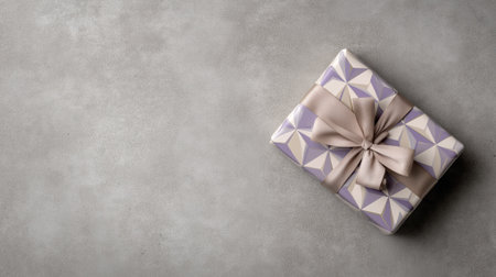 Cheers to a bright New Year! Top view photo beautifully presented gift boxes tied with bows, fashionable tree decor, snowflakes on soft pastel backdrop, offering blank canvas for your personal messageの素材