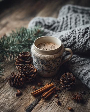 Cozy home desk table with scarf, coffee cup, cotton, pine cones, cinnamon sticks on white. Flat lay, top view, copy spaceの素材