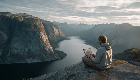 Freelancer typing on laptop on cliff at sea coast backgroundの素材