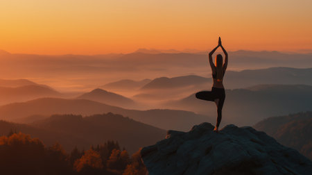 Woman practices yoga and meditates on the mountain.の素材