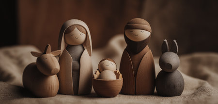 A wooden Christmas Nativity set with the holy family gazing at baby Jesus with a bokeh background.の素材