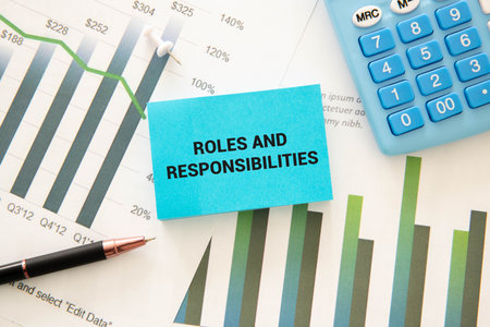 Concept of Roles and Responsibilities write on paperwork isolated on Wooden Table.の写真素材