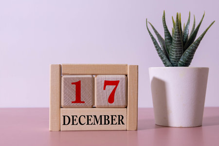 December 17, Calendar design with red table background.の写真素材