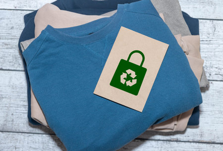 A neat stack of knitted clothing with a 100 recycle label. Branch of cotton inflorescences. Recycle Icon show on Tagの写真素材
