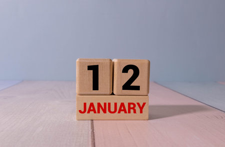 January 12 calendar date text on wooden blocks with blurred background. Copy space and calendar...