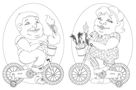 two fat people on bicycles, black and white imageのイラスト素材
