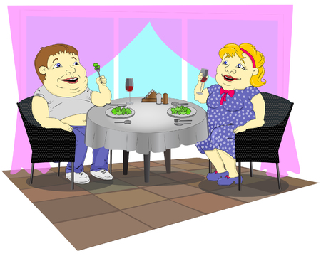 A fat woman in a polka-dot dress and a fat man in jeans are sitting in a restaurant, eating broccoli and drinking red wine.のイラスト素材