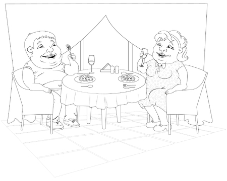 A fat woman in a polka-dot dress and a fat man in jeans are sitting in a restaurant, eating broccoli and drinking wine. Black and white imageのイラスト素材