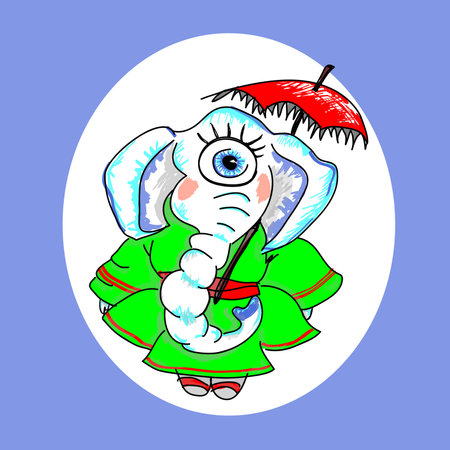 Female one-eyed elephant stands under a sun umbrella. On it green kimono and white shoesのイラスト素材