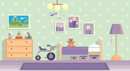 The interior of the childrens room of a little boy, made in lilac tones. Vector image in flat design style.のイラスト素材