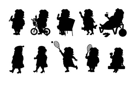 Set - a fat woman in different situations. Black silhouetteのイラスト素材