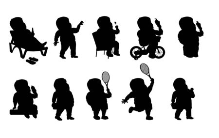 Set - a fat man in different situations. Black silhouetteのイラスト素材