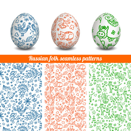 Set of Isolated Easter eggs. Happy Easter. Vector objects. 3D. Realistic Easter eggs. Vector background. Easter. Russian folk seamless patterns.のイラスト素材