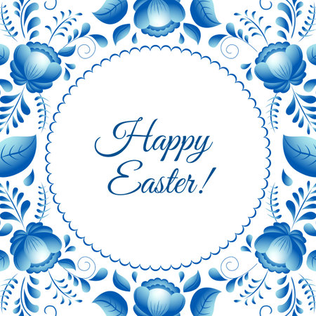 Round vector folk frame. Happy Easter. Gzhel. Vector background. Russian painting.のイラスト素材