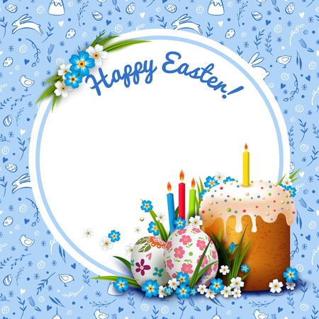 Easter round frame with Easter cake, eggs and flowers.のイラスト素材