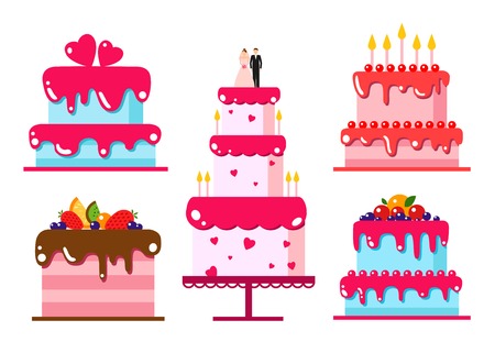 Vector color flat background with cake. Set holiday icons cake. Happy birthday, party. Sweets, cake, wedding, celebrate, dessert, chocolate, food, baking.のイラスト素材