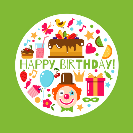 Happy Birthday card. Flat vector illustration. Kids party and celebration design elements. Cake, gift, cap, clown, sweet, fruit, baloon. Baby Birthday frame. Kids Birthday. Kids holiday.のイラスト素材