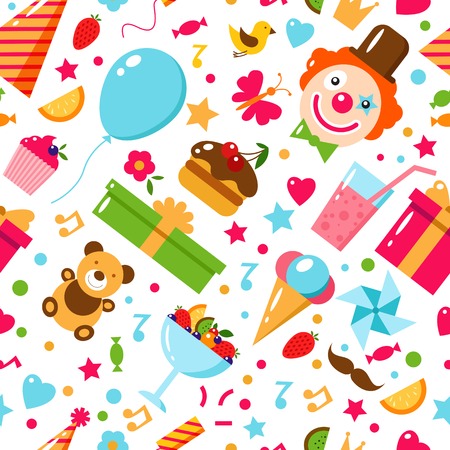 Seamless Birthday Pattern. Happy Birthday, vector flat illustration. Kids party and celebration design elements. Cake, gift, clown, toy, sweets, fruits, food. Birthday attributes. Kids holiday.のイラスト素材