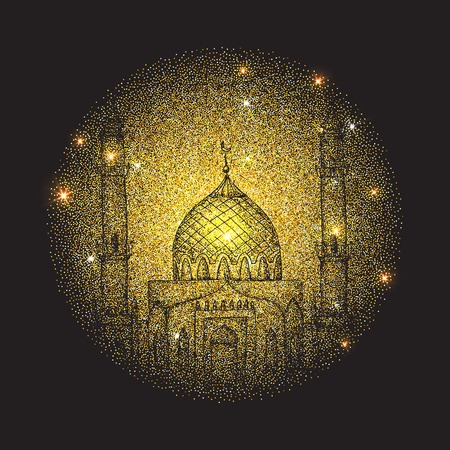 Ramadan Kareem. Islamic holiday vector shining background. Arabic golden frame. Golden mosque at night. Lights. Islamic holiday Ramadan.のイラスト素材