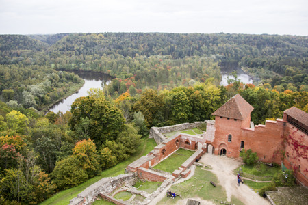 Ruins of medieval Turaida castle with towers in Latvia.のeditorial素材