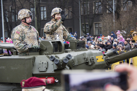 November 18, 2017. NATO tanks and soldiers at military parade in Riga, Latvia.のeditorial素材