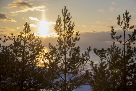 winter sunrise snow baltic beach, latvia, saulkrastiの写真素材
