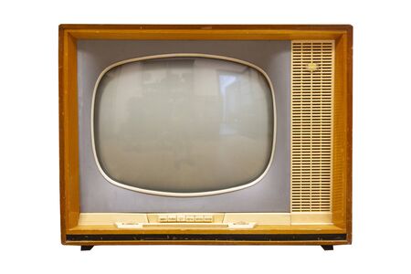 Vintage Television  Old Tv Isolated on White Background. Old-fashioned Television Close Up. Old Grungy Vintage Tv Retro Technology.の写真素材