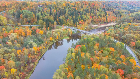 Aerial View of the Sigulda Bridge and Cable Car Over Gauja River During Golden Autumn Season in...