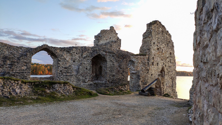 Autumn View Old Koknese Castle Ruins and River Daugava Located in Koknese Latvia. Medieval Castle Remains. Aerial View of an Old Stone Castle Ruins Complex From the 13th Centuryのeditorial素材