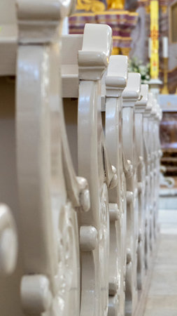 Wooden Benches in Catholic Church Aglona, Latvia. Catholic Temple Seats, Blurred Background....