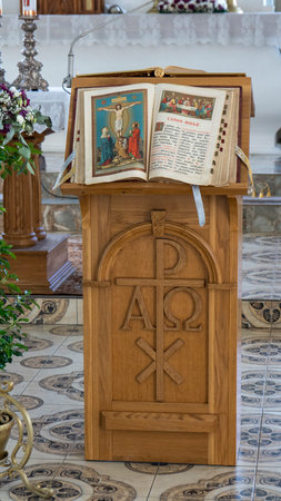 AGLONA, LATVIA â€“ MAY 3 , 2020: The Roman Catholic Church in Ludza, Latvia. Deatail of the...