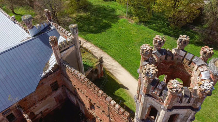 Aerial Photo of Destroyed Odzienas Castle in Latvia, Europe on a Beautiful Sunny Springday, Concept of Travel in Harmony on Countryside. Detail of the Ancient Castle.の写真素材