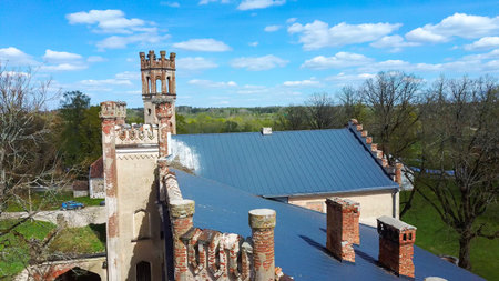 Aerial Photo of Destroyed Odzienas Castle in Latvia, Europe on a Beautiful Sunny Springday, Concept...
