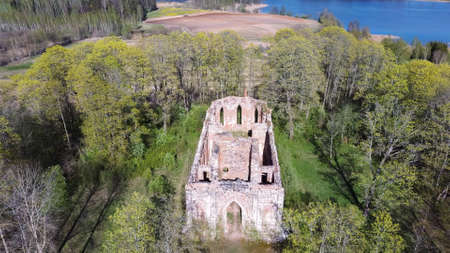 Aerial View the Ruins of Veckalsnava Church. Olds Architecture Details of the Lutheran Church in the Kalsnava Parish Latvia. Sunny Spring Day.の写真素材